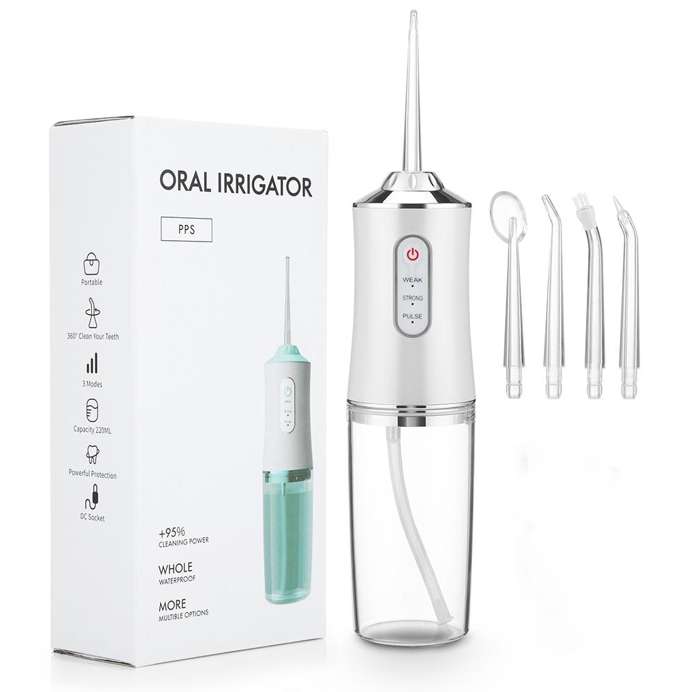 Munddusche, tragbare Dental-Wasserflosser, USB wiederaufladbar, Wasserstrahl, Zahnseide, Zahnstocher, 4 Düsenspitzen, 220 ml, 3 Modi, IPX7, 1400 U/min