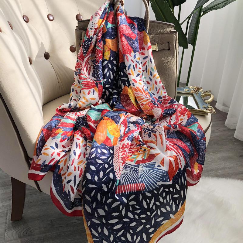 Silk Scarf Women'S Versatile Light Luxury Calla Lily Long Mulberry Silk Scarf Anti-Sun Shawl