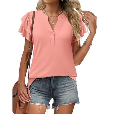 Damen V-Ausschnitt Kurzarm Rüschenärmel T-Shirt Hemd mit Knöpfen