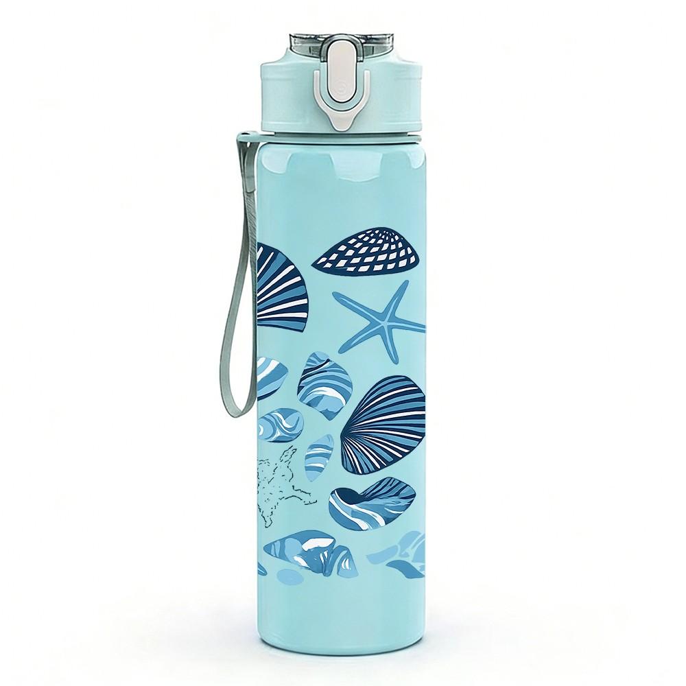 1PC Blue Seashell Starfish Pattern 750ml Color Plastic Sports Water Bottle Leakproof Flip Straw Lid Suitable for Sports Office Home Use