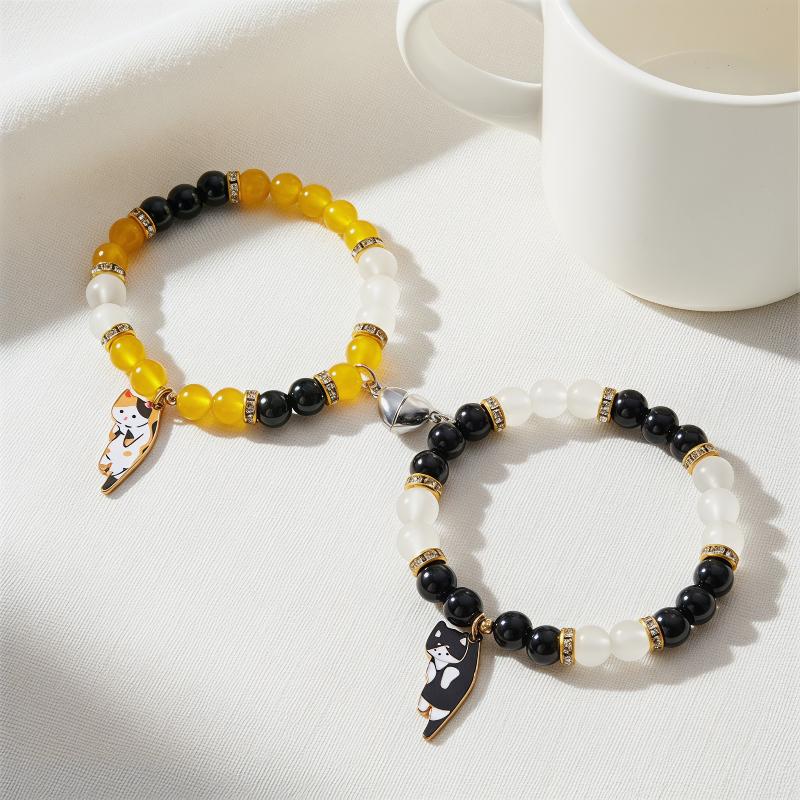 Set di 2 Braccialetti Magnetici a Forma di Gatto per Coppia, Gioielli Regolabili per Amanti Migliori Amici Regali Romantici
