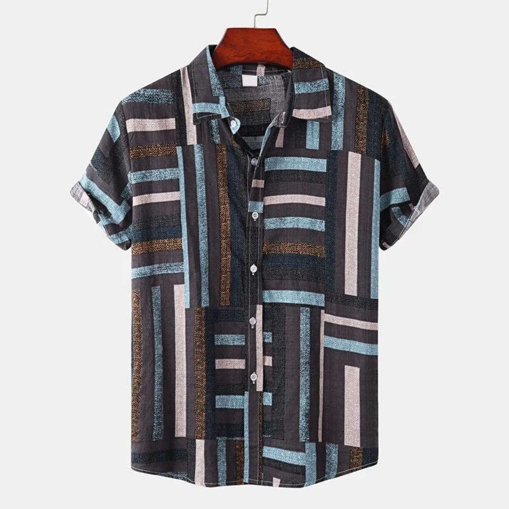 Vintage Splicing Pattern Hawaiian Shirt For Men Colorful Square 3D Printed Short Sleeve Blouse Casual Button Loose Aloha Shirts