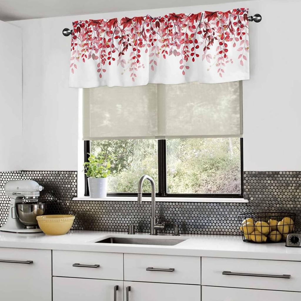Sage Red Eucalyptus Leaves Valance Curtains for Windows, Watercolor Window Valance Curtains for Bathroom Privacy Protection Rod Pocket Botanical