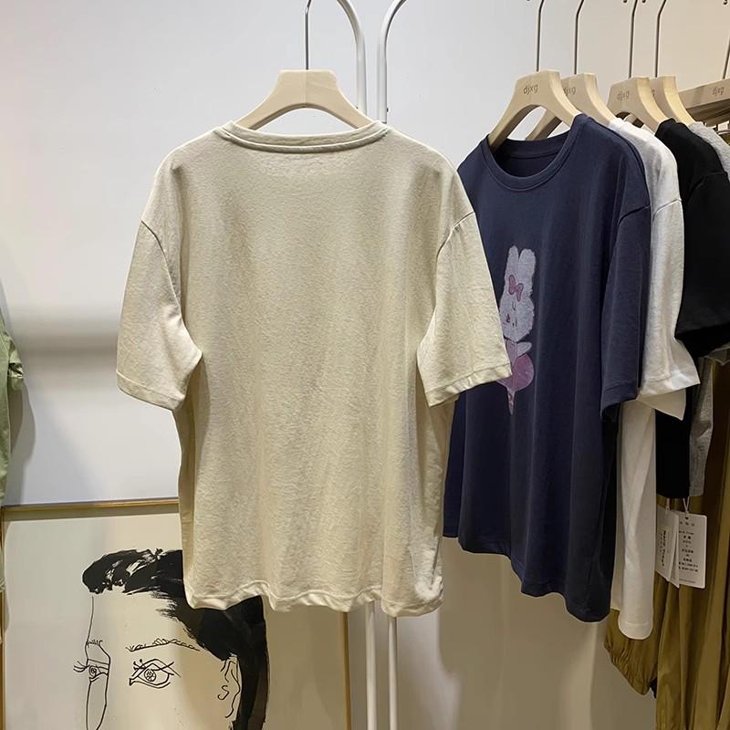 Camiseta de Algodão Feminina de Verão com Estampa de Coelho de Desenho Animado: Solto, Confortável, Manga Curta, Comprimento Médio