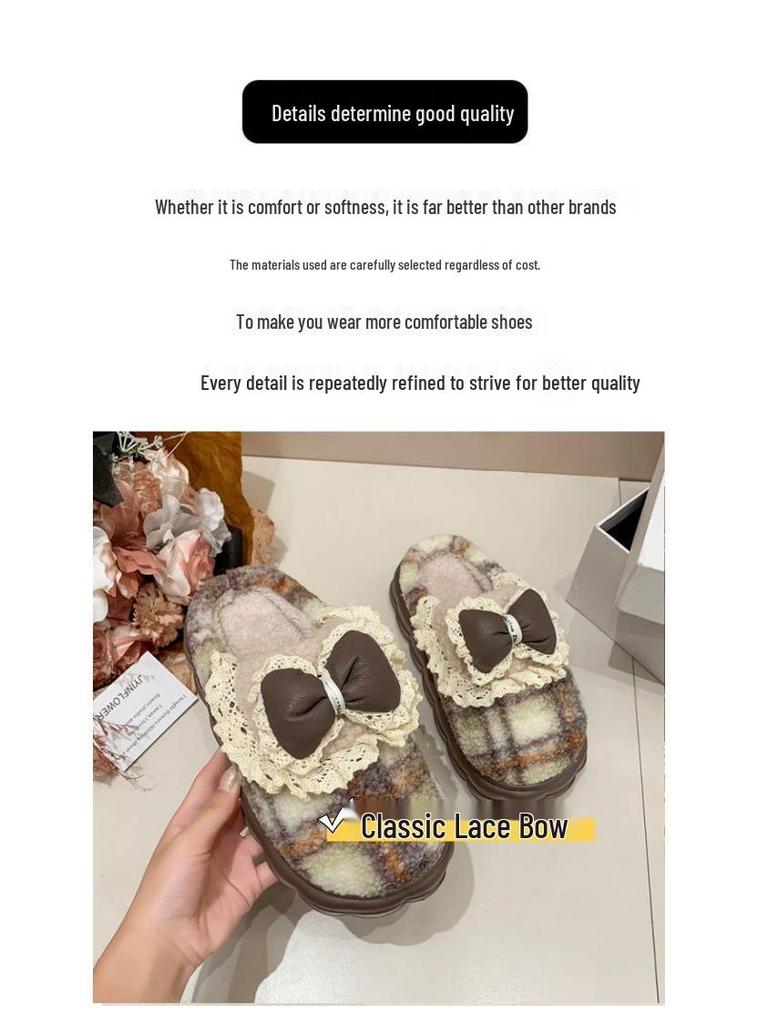 Women's Cotton Slippers Autumn/Winter 2025: Korean Style with Lace Bow, Thick Non-Slip Sole, Warm for Indoor Use.