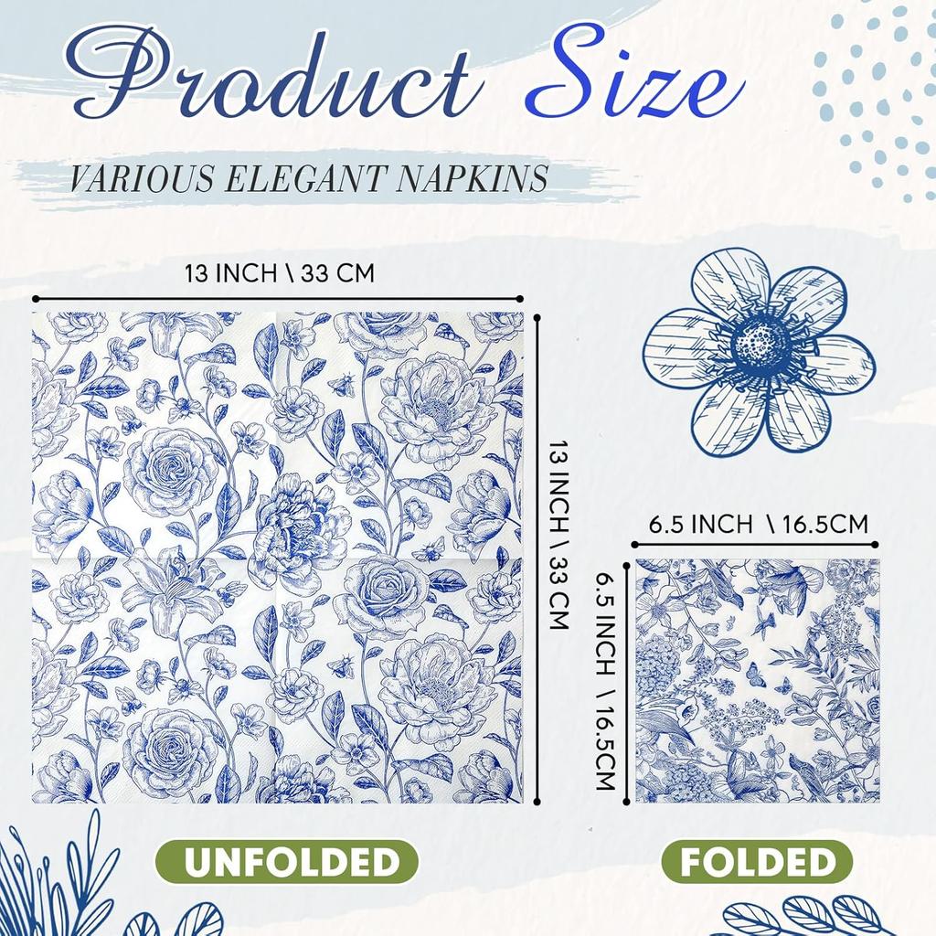 Crtiin 50 Pack 5 Styles Decoupage Napk Decorative Napk Floral Chinoiserie Cocktail Paper for Birthday Party Wedding Beautiful Gorgeous, Each Unfolded