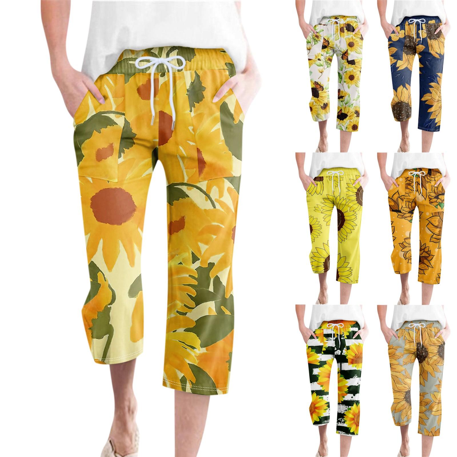 

Брюки для женщин, повседневные летние свободные брюки из хлопка и льна с принтом, брюки до середины штанин с карманами