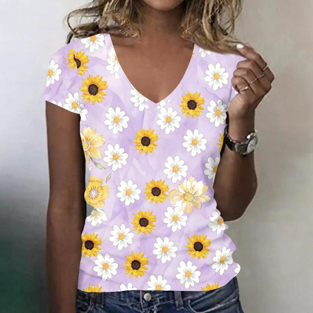 Women Casual V Neck Short Sleeve Floral Print T Shirt Lightweight Soft Fabric Summer Top for Everyday Wear