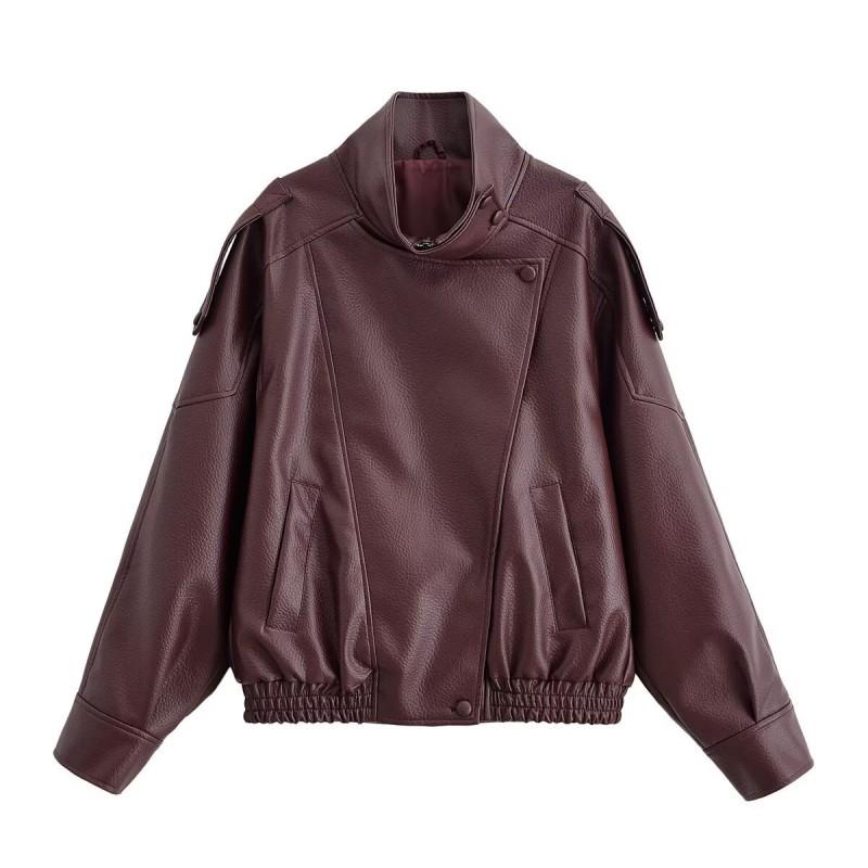Womens Stand Collar Long Sleeve Faux Leather Jacket With Texture Streetwear Oversized PU Coat Fall 2026