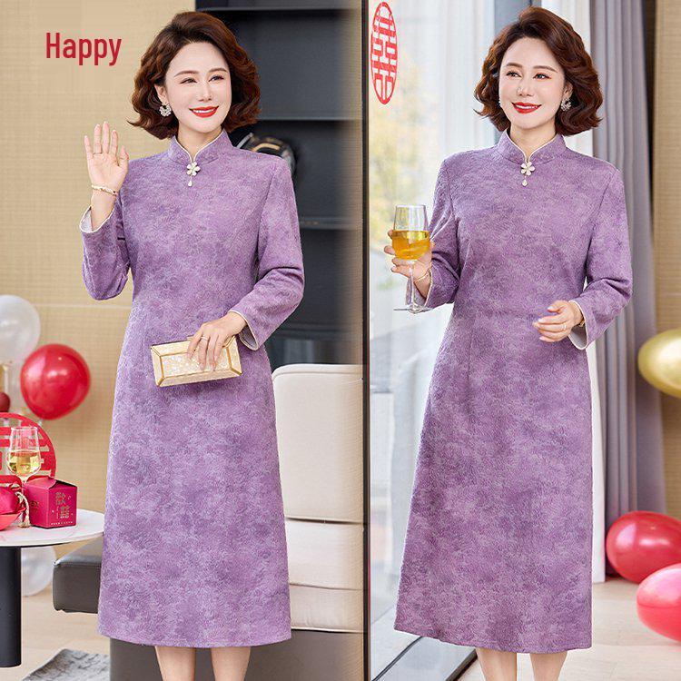 

Stylish Mid-length Long-sleeve Cheongsam Dress for Middle-aged Women - Spring & Autumn 5XL вино красного