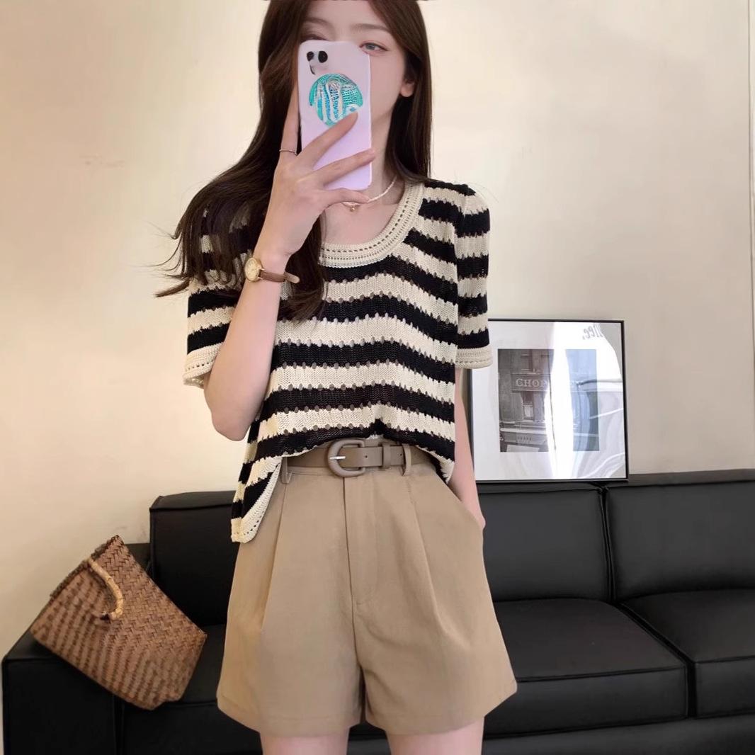 

Women s Retro Stripe Crew Neck Hollow Out Knit T-shirt 2025 One Size [Recommended for up to 125 lbs]