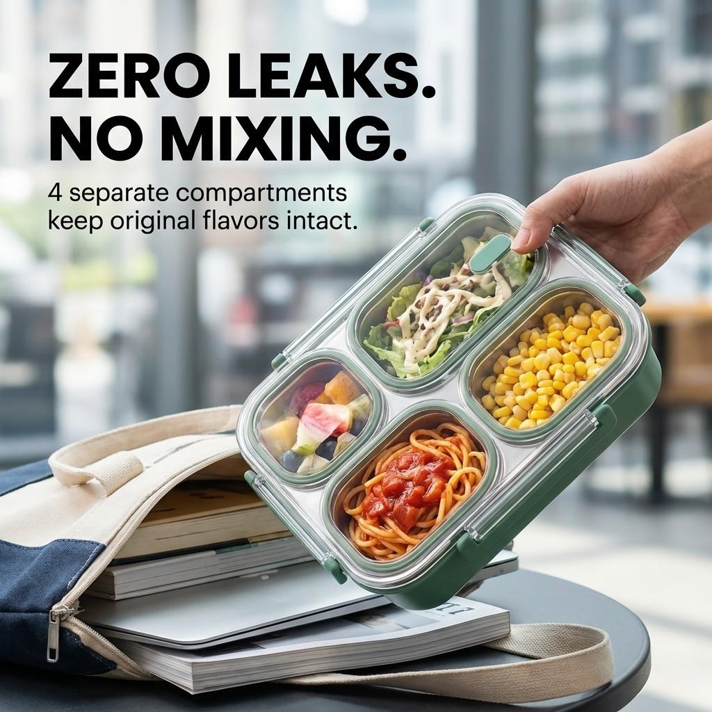 3/4 Grids 304 Stainless Steel Lunch Box Portable Large Capacity Leak Proof Divided Bento Box for Students Adult Microwave Safe