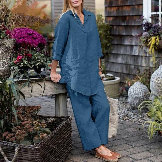 2 Pcs/Set Women Shirt Pants Set Solid Color Lapel Long Sleeve Wide