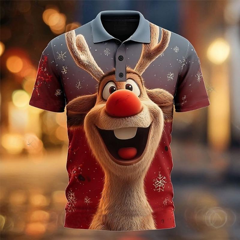 Weihnachten Lustiger Weihnachtsmann 3D-gedrucktes Herren-Kurzarm-Poloshirt Mode Revers-Knopfhemd Lässig Festival Herrenbekleidung