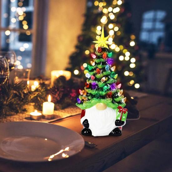 Lighted Christmas Gnome Tree 6" Resin Faceless Old Man Christmas Tree with Multicolored Lights