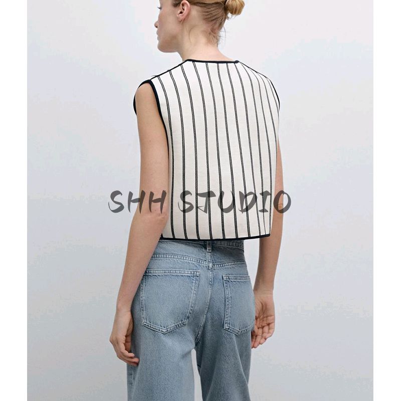 MD Spring and Summer Women's Clothing Intellectual Elegant Ol Commute Style Black and White Vertical Stripes Knitting Vest 5758676