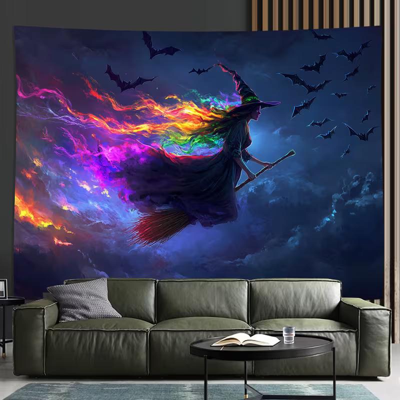 

2D Colorful Witch Tapestry, Night Sky Witch & Bats Wall Decor Cloth 47.2x31.5inch/120*80cm