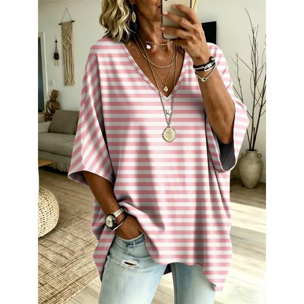 Plus Size Women's Color Block Leopard Print V-neck Top Three-quarter Sleeve Loose Plus Size Casual Daily T-shirt