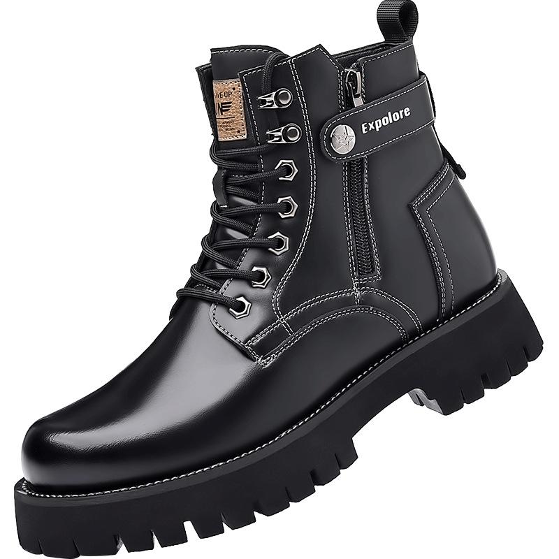 

Зимние мужские ботинки с высоким берцем, в британском стиле, на массивной подошве, с круглым носком, плюшевой подкладкой, кожаные ботинки, нескользящие, теплые, удобные, зимняя обувь 38