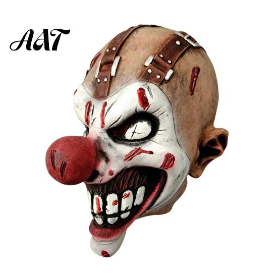 Horror Robber Cosplay Props Halloween Clown Mask, Realistic Latex Scary Mask with Blood Stained Scarred Red Nose for Haunted House Parties Costume