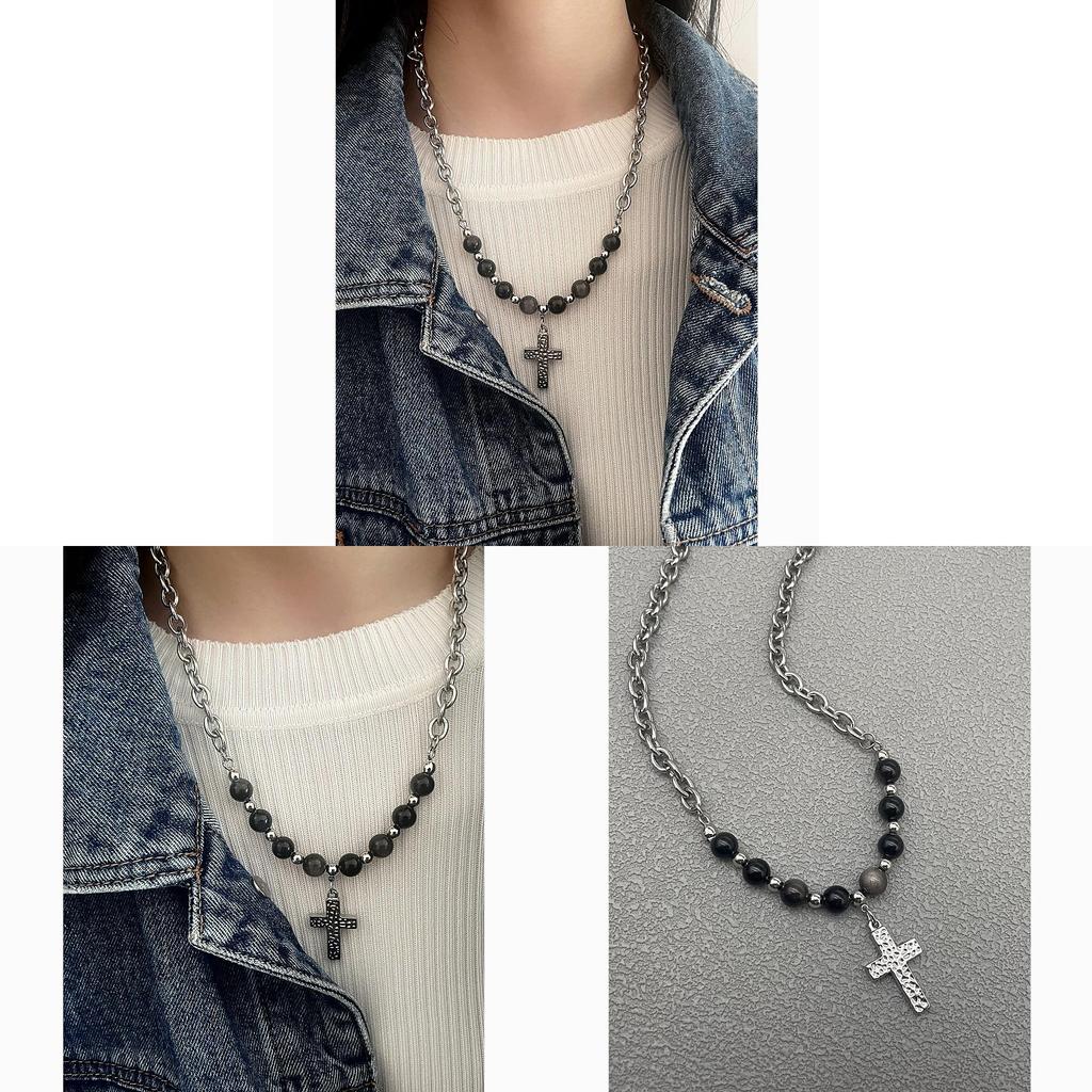 Retro Black Cross Pendant Necklace With Titanium Steel Chain For Street Style Jewelry