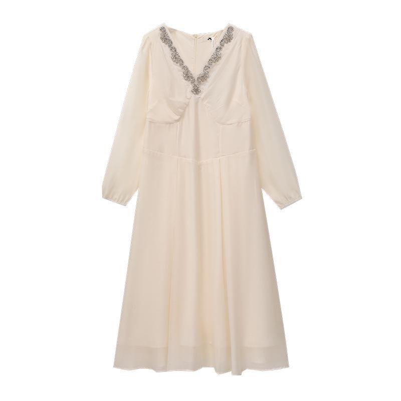 High-End Plus Size Women's V-Neck Rhinestone Dress (130-300 lb) - Elegant French Style