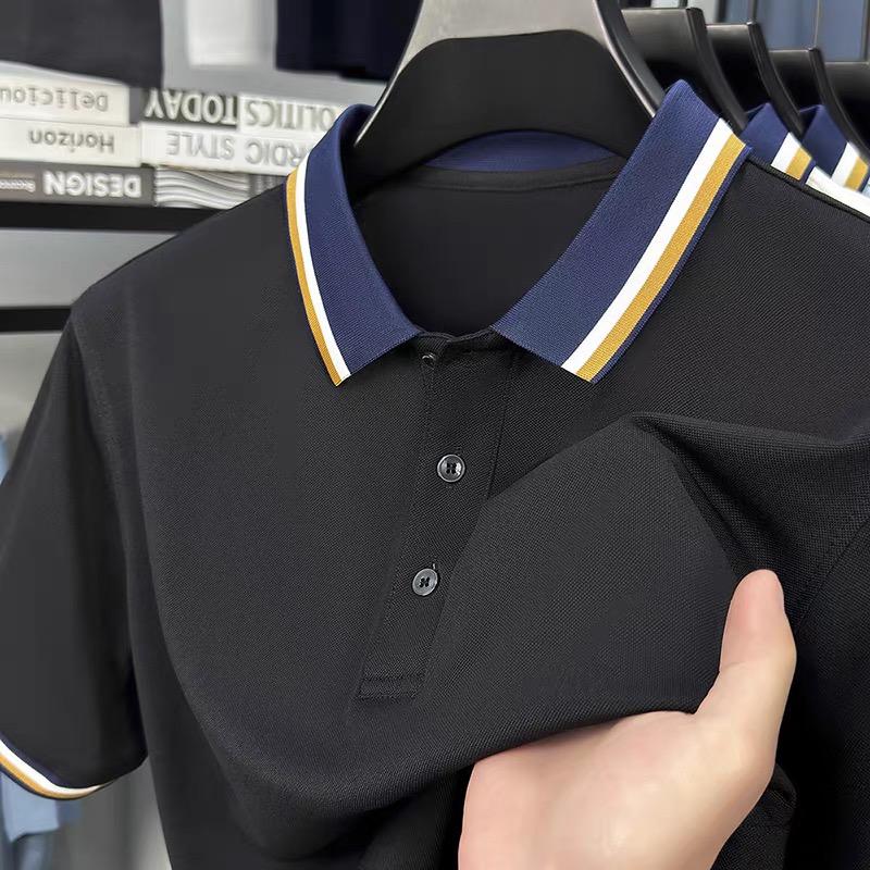 Luxury Fashion Short Sleeve Polo Shirt Men Summer High-end Ice Silk Breathable Personality Striped Color Matching Lapel T-shirt