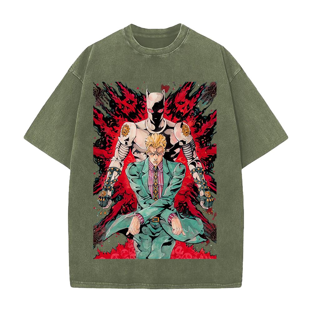 JoJo's Bizarre Adventure Yoshikage Kira Killer Queen Bedrucktes T-Shirt Herren Kleidung Gewaschenes Baumwoll-T-Shirt Vintage Lässig Streetwear
