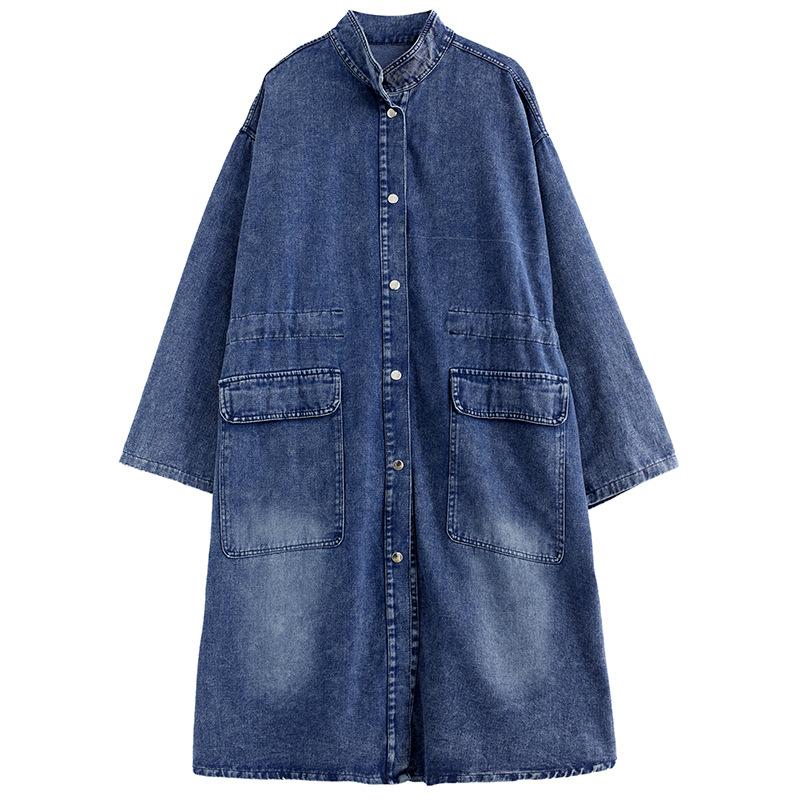 Spring  and Autumn Women Mid To Long Knee Length Denim Trench Coat Cotton Casual Vintage Long Jacket Loose Plus Size Oversized Pockets