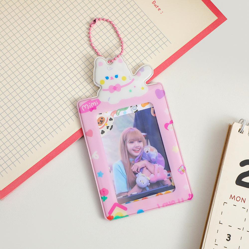 

Cat Key Cartoon Chain Photo Display Card Bus Card Protective Students Sleeve рожевий