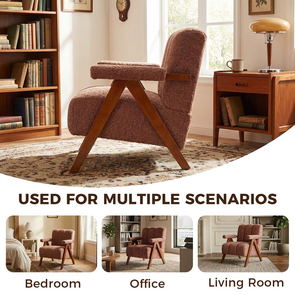 Bouclé Seating Furniture with Wooden Frame, Armchair for Living Room, Bedroom, Rust Red
