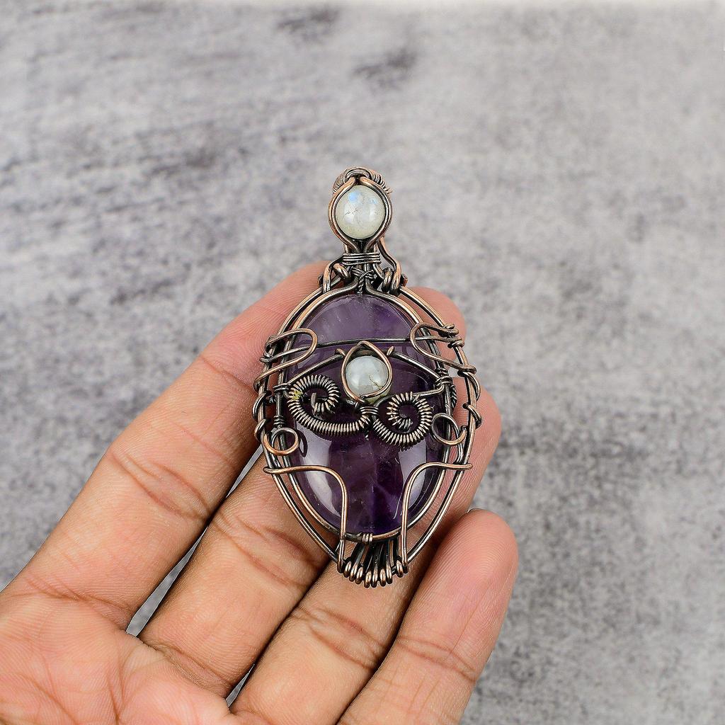 Amethyst & Rainbow Moonstone Pendant Gemstone Jewelry, 999 Copper Wire Wrapped Pendant, Gift For Women Handmade Pendant