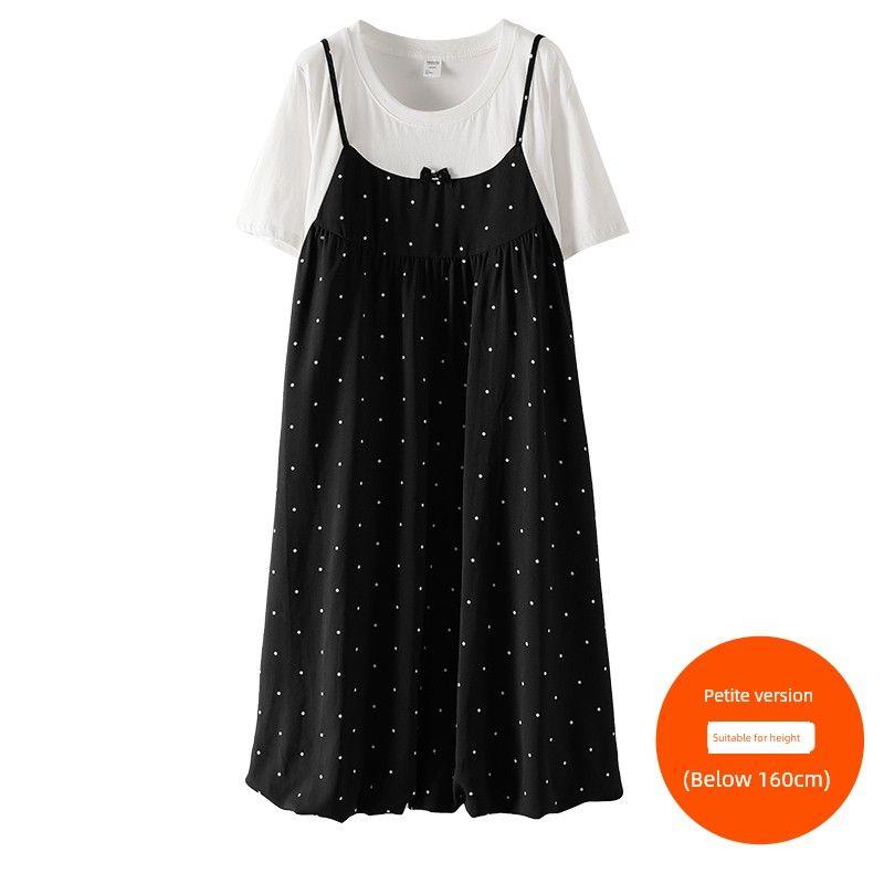 

Plus Size Women s Clothing [French Polka Dot Dress] Three Length Summer False Two-Piece Patchwork Short Sleeve Temperament Long Dress Classic black and white (below 160cm) 3XL
