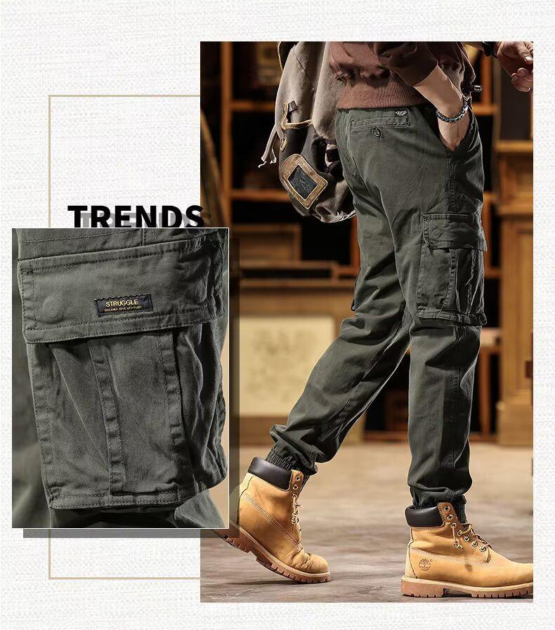 Men's Retro Skinny Cotton Overalls - Spring/Autumn, Wear-Resistant, Multi-Pocket Casual Pants