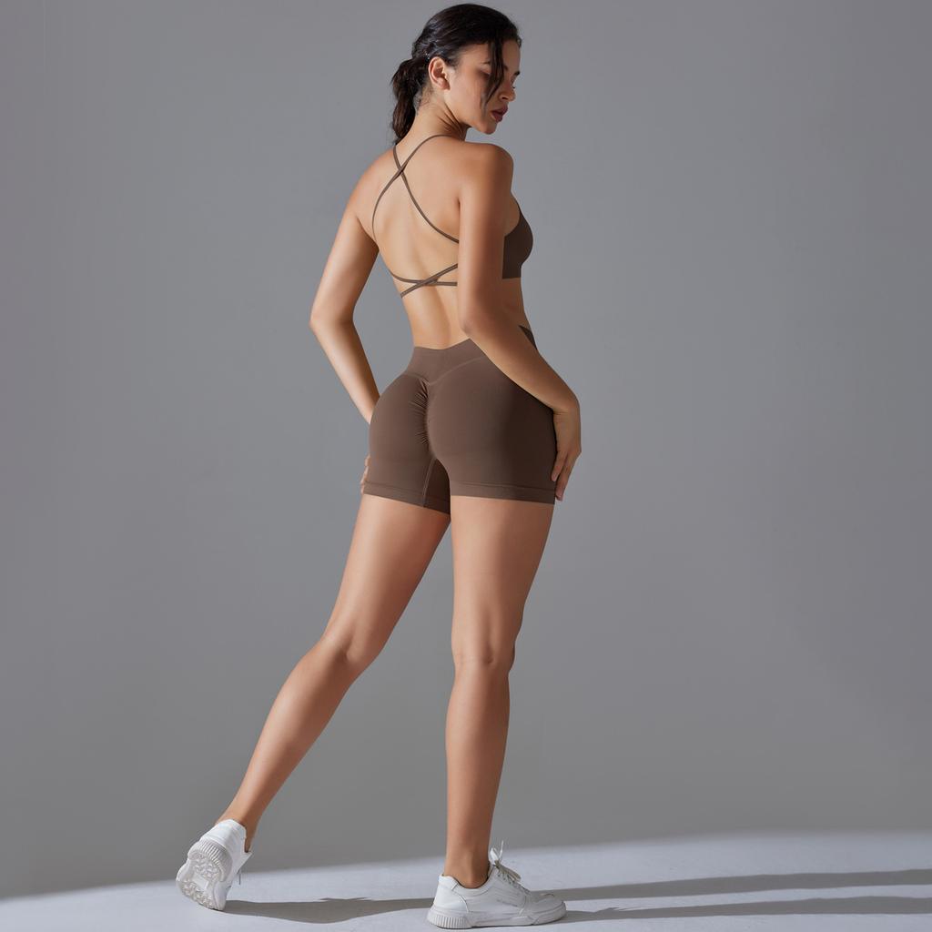 New Seamless Solid Color Cross Back High Elasticity Tight Fitting Sports Bra Yoga Suit Set Running Fitness Two-piece Set