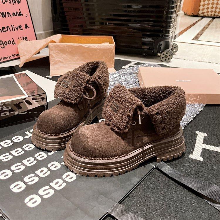 Martin Boots Women's Matte Leather Fur Shoes Two Wear Flip Yellow Boots Velvet Snow Cotton Boots Tooling Locomotive Boots Short Boots