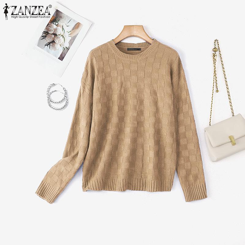 

ZANZEA Женские пуловеры, свитера и джемперы с круглым вырезом, повседневные вязаные, с клетчатой текстурой L хаки