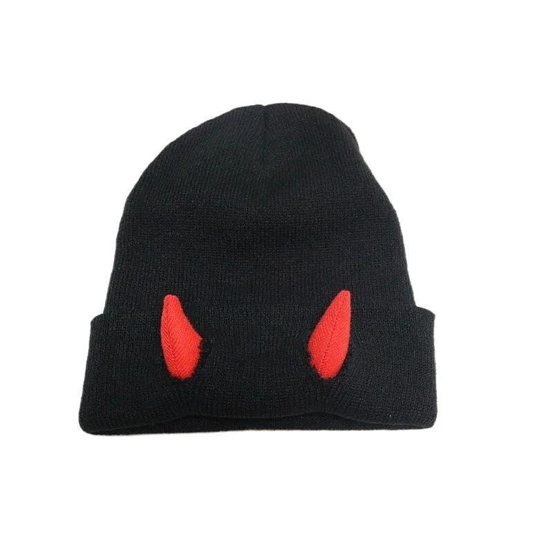 Winter Warm Knitted Beanie Hat Soft Stretchy Demon Horn Skull Design for Men and Women Outdoor Streetwear Funny Fashion Headwear