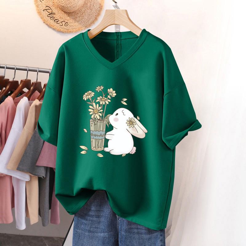 Dámské tričko s krátkým rukávem, volného střihu, zeštíhlující top s potiskem a výstřihem do V