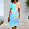 Women Plus Size Round Neck Short Sleeve A Line Bright Blue Swirl Printed Midi Dress