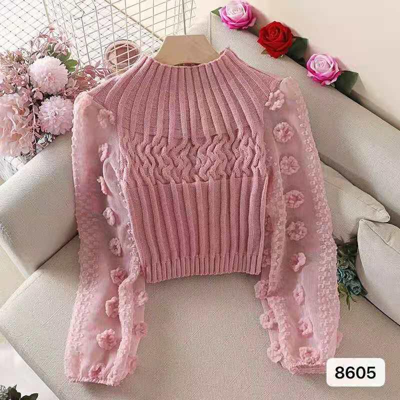 Petite Knit Sweater with Puff Sleeves & Mesh Splicing