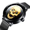 Men's Stainless Steel Skull Quartz Watch with Milanese Mesh Strap - Waterproof