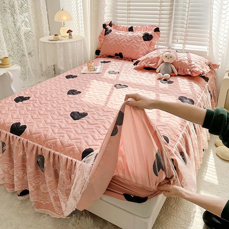 Sábana ajustable acolchada dos en uno, falda de cama, colcha antideslizante de encaje, Funda de colchón