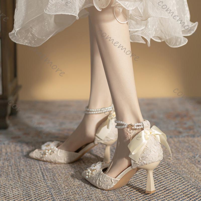 Fashion Comemore Spring Autumn New Bow Hollow High Heels Temperament Pearl Chain Pointed Toe Pumps for Women Dress Heeled Single Shoes