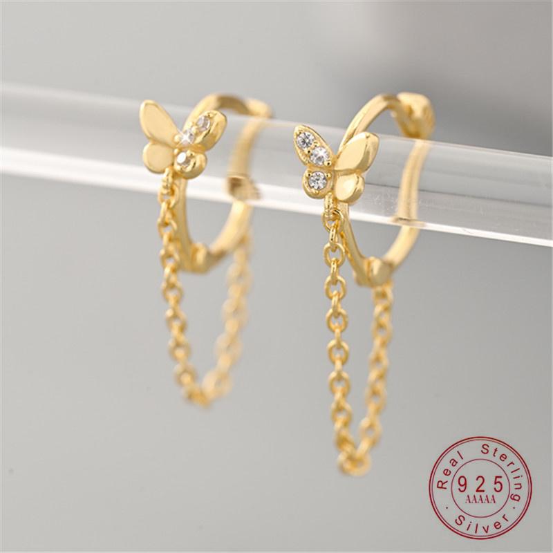 

925 Sterling Silver Korean Temperament Tassel Inlaid Zircon Stud Earrings for Women Hypoallergenic Cute Butterfly Jewelry Gift золотой