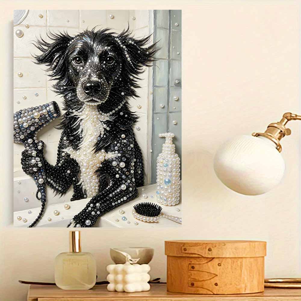 Creative DIY Framed Pearl Art Kit with Cute Dog Bathing Pattern Sparkling Bead Canvas Ready to Display Relaxing Gift for Adults Craft Decor
