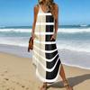 Women V Neck Geometric Print Sleeveless Maxi Dress with Pockets Casual Loose Fit Beach Long Dress for Summer