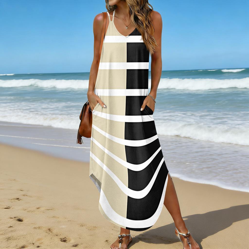 Women V Neck Geometric Print Sleeveless Maxi Dress with Pockets Casual Loose Fit Beach Long Dress for Summer