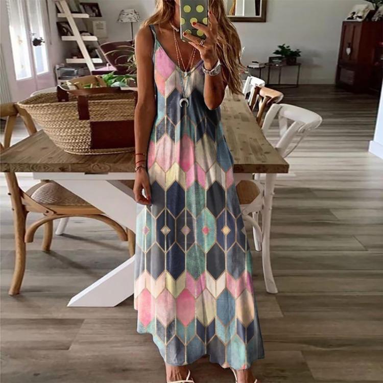 2026 Summer Printed Camisole Vest Casual Long Skirt Jumpsuit