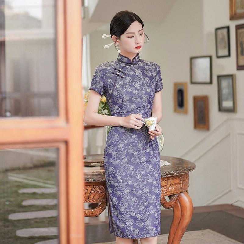 Womens Purple Brocade Qipao Dress Mid-Length Short Sleeve Retro Chinese Style Modern